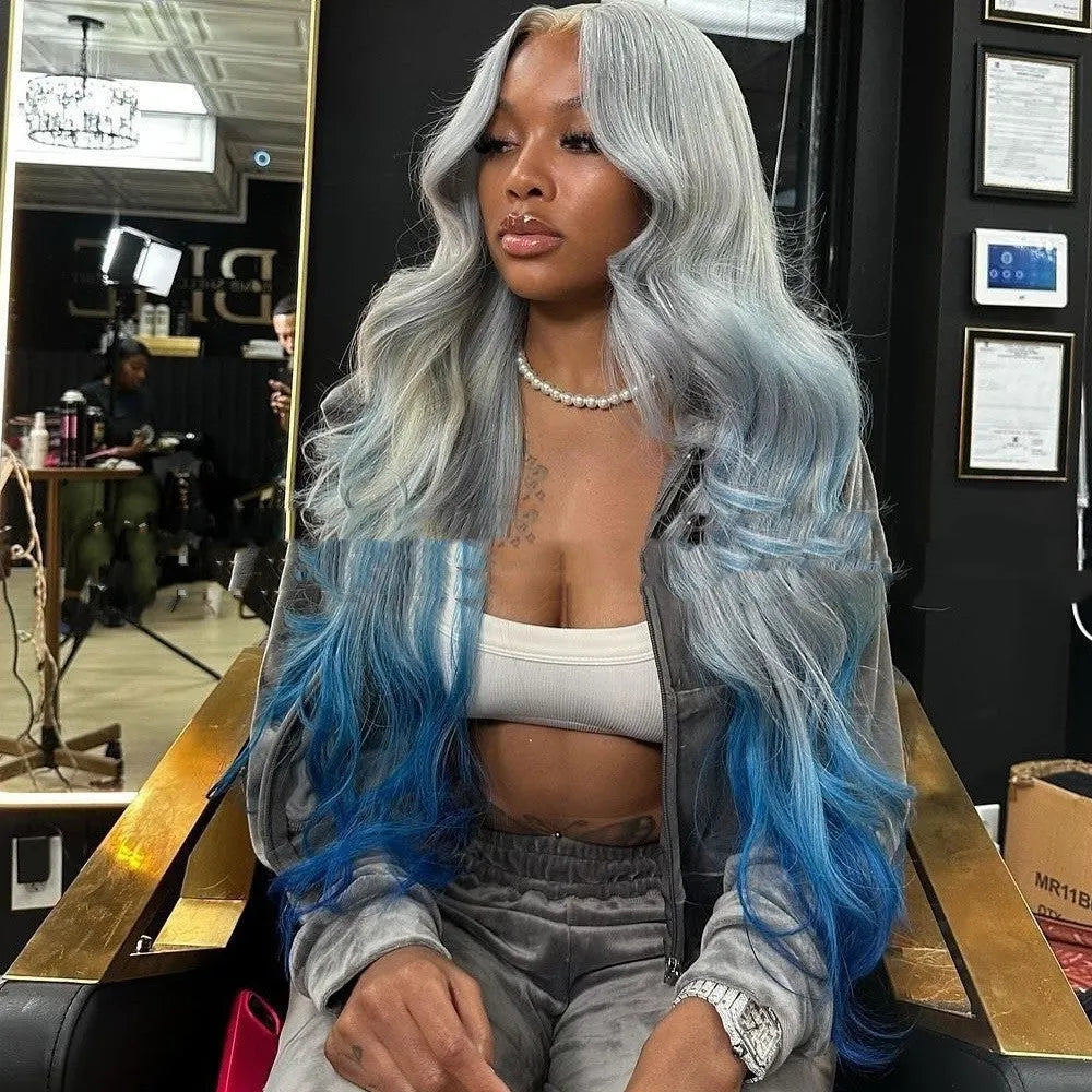 Grey blue gradient human hair headgear with 4x4 lace front in Ruili style