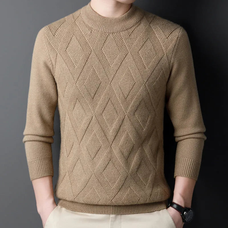 Men's thick diamond jacquard winter sweater in wool blend shown in light camel colour