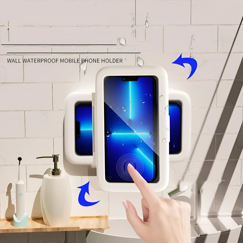 White plastic waterproof phone holder mounted on tile with phone inside, showing touch screen and anti-fog window.