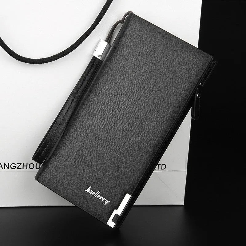 Men's black PU leather wallet with full-length zipper closure showing open compartment