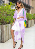 Light purple women's beach dress cardigan with lace embroidery for swimming cover-up
