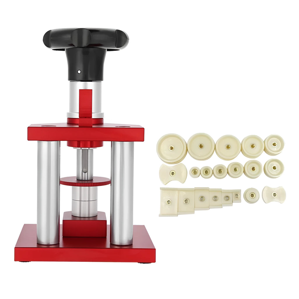 Watch repair spiral presser tool with set of 20 plastic moulds for back cover installation