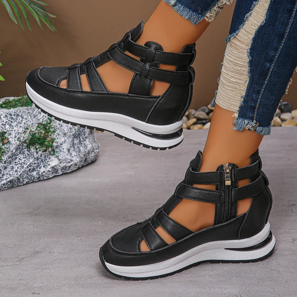 Black women's platform sandals with hollow-out design and Velcro strap