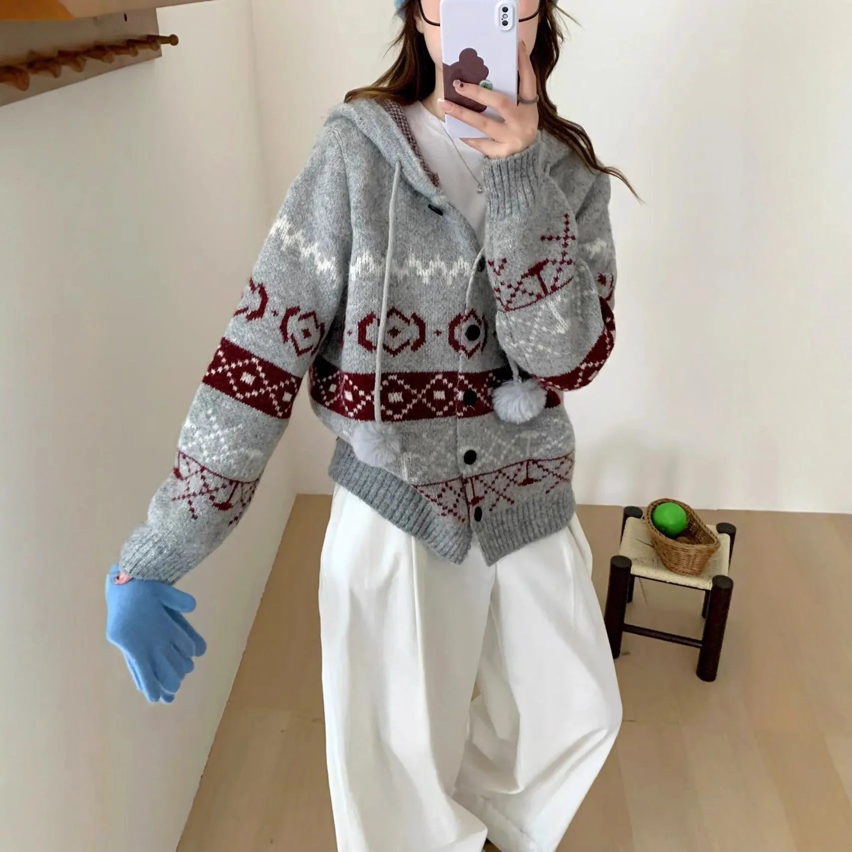 Plus size women's brocade sweater coat with geometric pattern in milky white beige colour