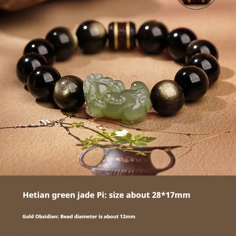 A Hetian jade bracelet with braided black and red rope in a Chinese style design.