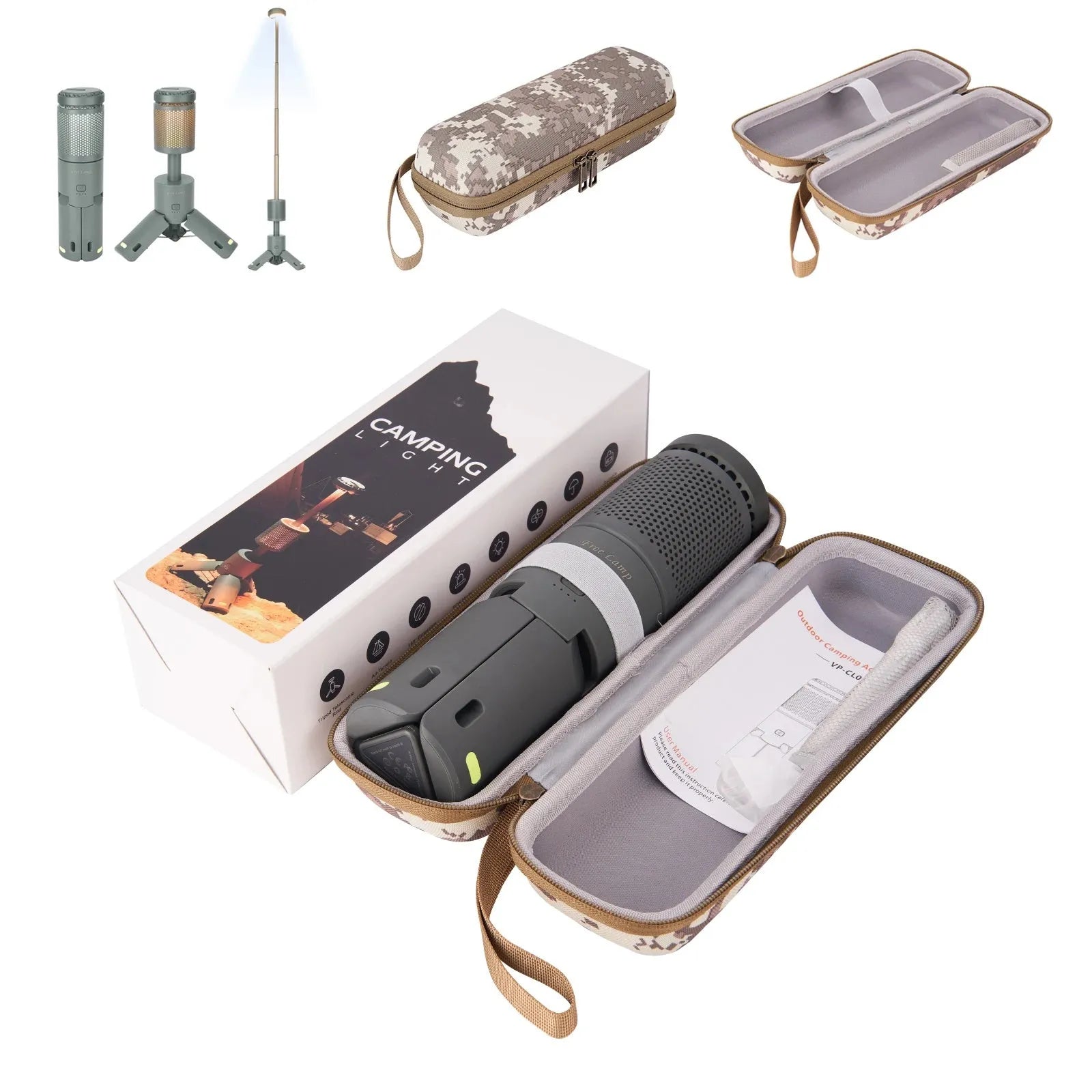 Portable camping LED light with battery power and button switch in creamy white or dark grey colours