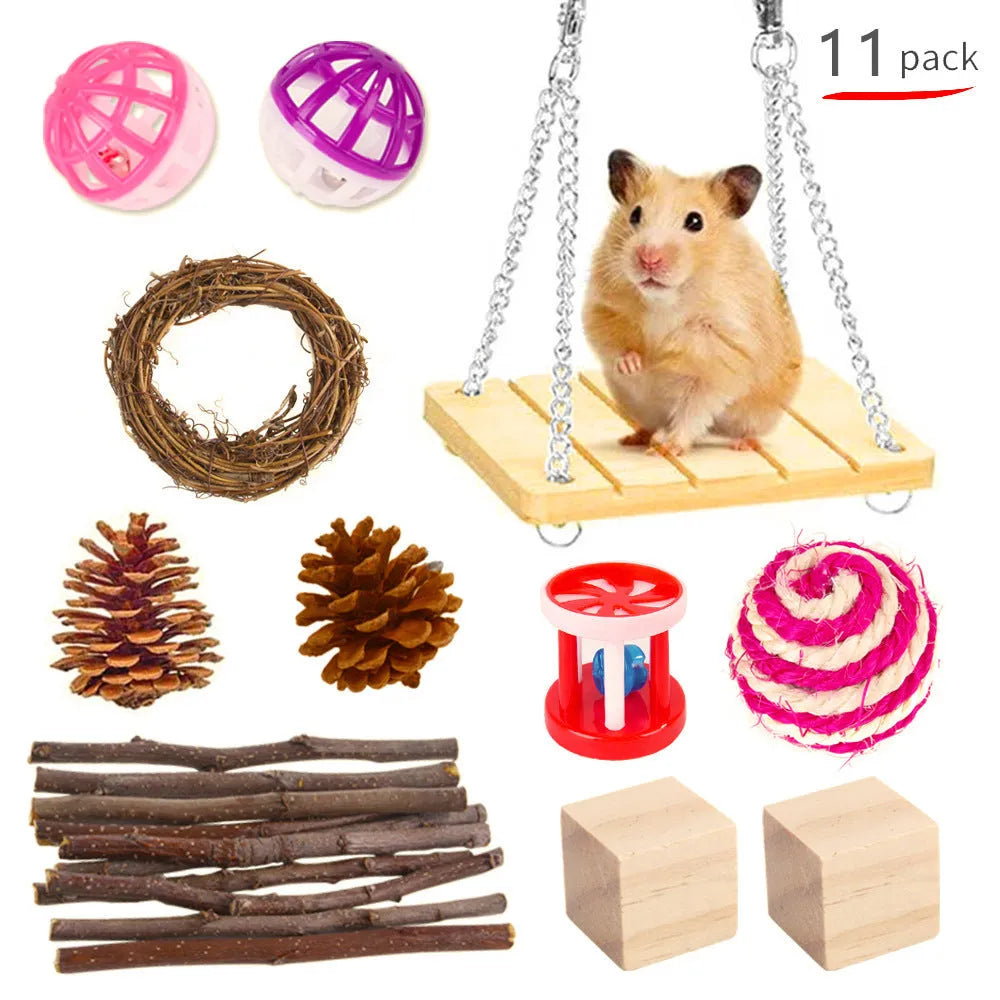 Wooden chew toy sets for rabbits, guinea pigs and parrots with various natural components