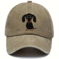 Retro washed cotton baseball cap with embroidered dachshund dog print, dome crown, peaked brim
