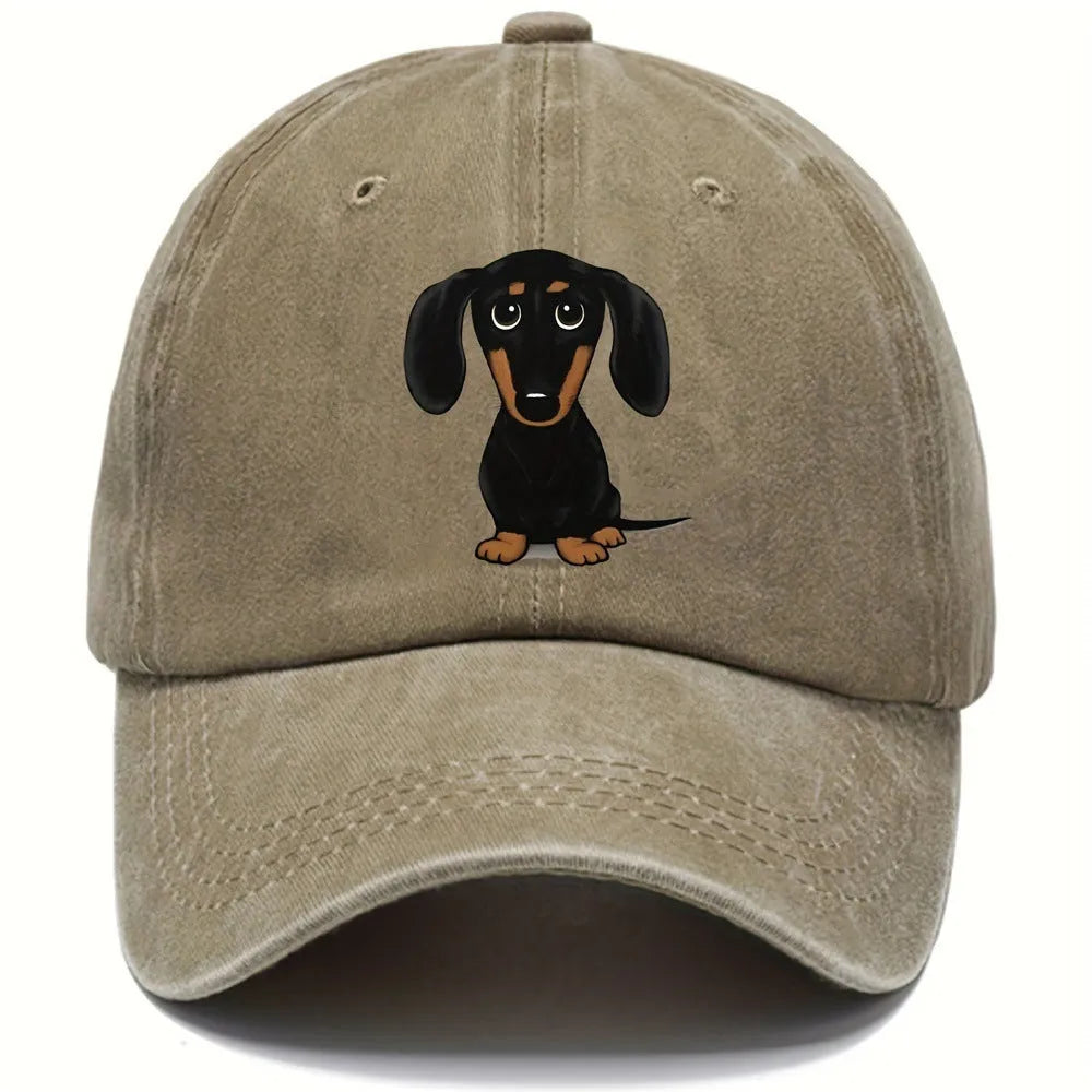 Retro washed cotton baseball cap with embroidered dachshund dog print, dome crown, peaked brim