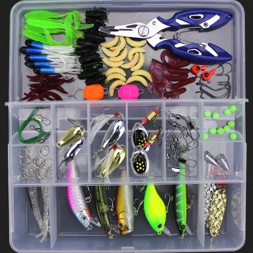 Junior entry-level fishing bait lure suit set in a PP storage box, showing multiple lure types.