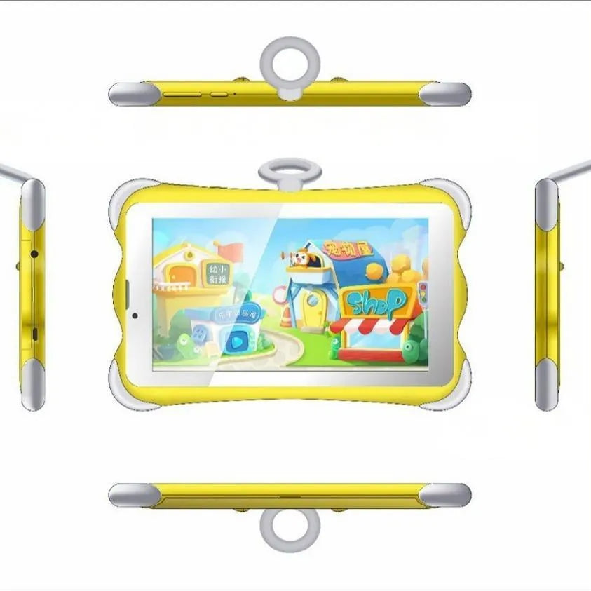 7-inch children's learning tablet with protective stand shown in cartoon blue colour displaying educational content