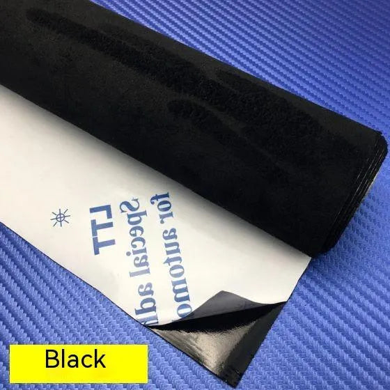 Self-adhesive suede fabric sheet in beige colour with adhesive backing visible, showing size options for interior decoration.