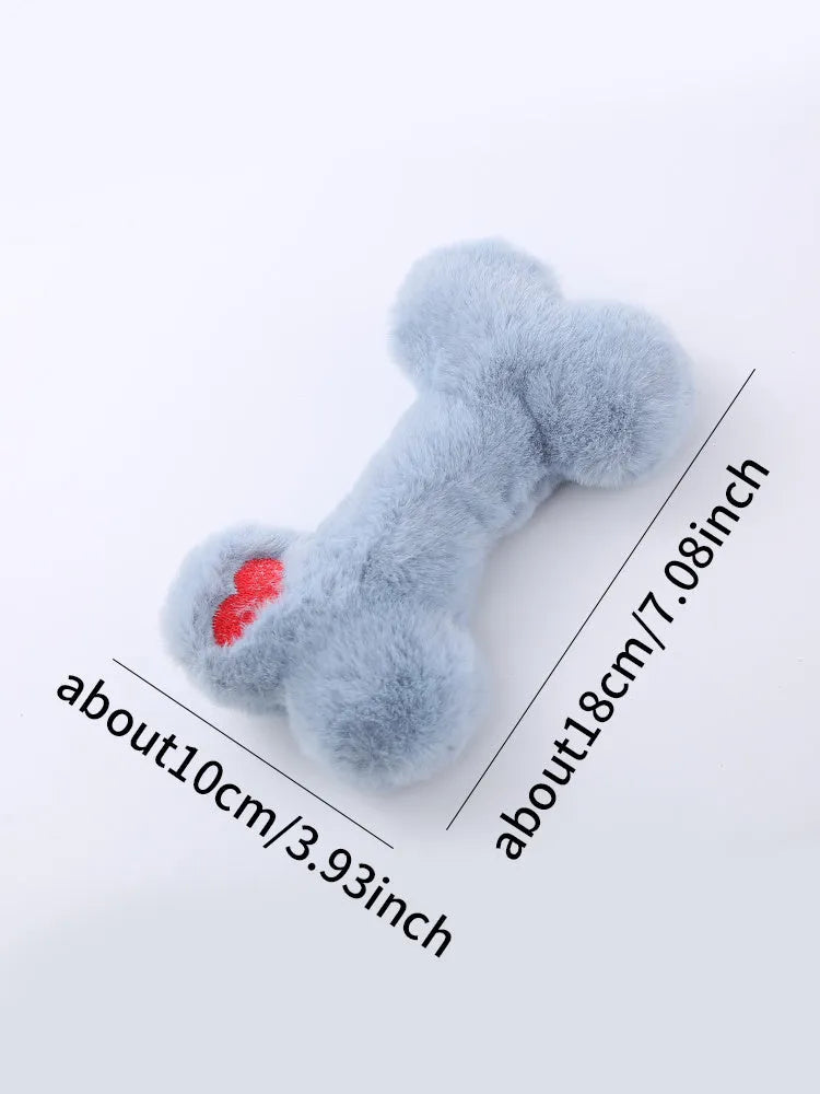 Blue plush love bone dog toy with a squeaker, shown next to pink and yellow versions.