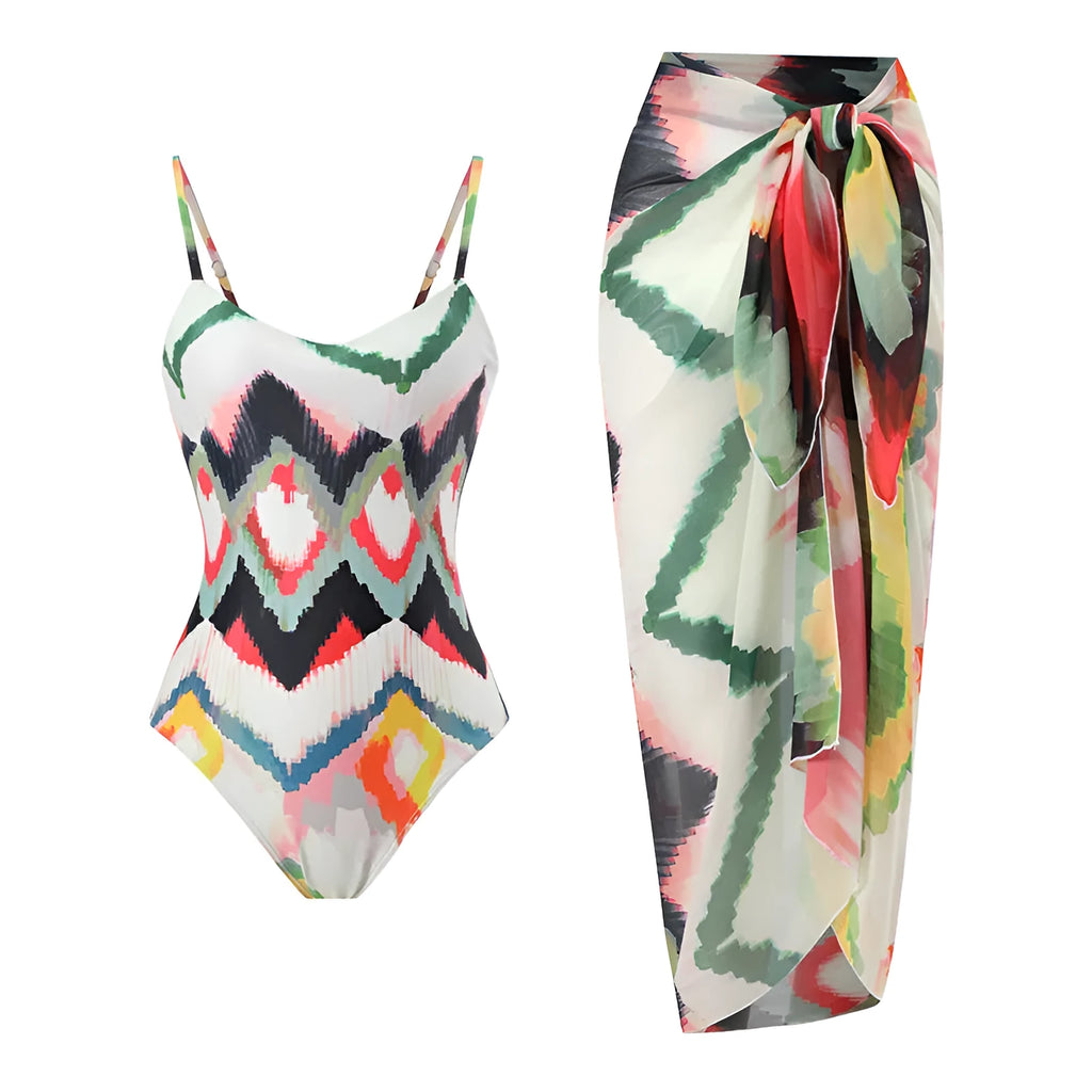 Women's striped two-piece swimsuit with detachable hip skirt in quick-drying polyester fabric