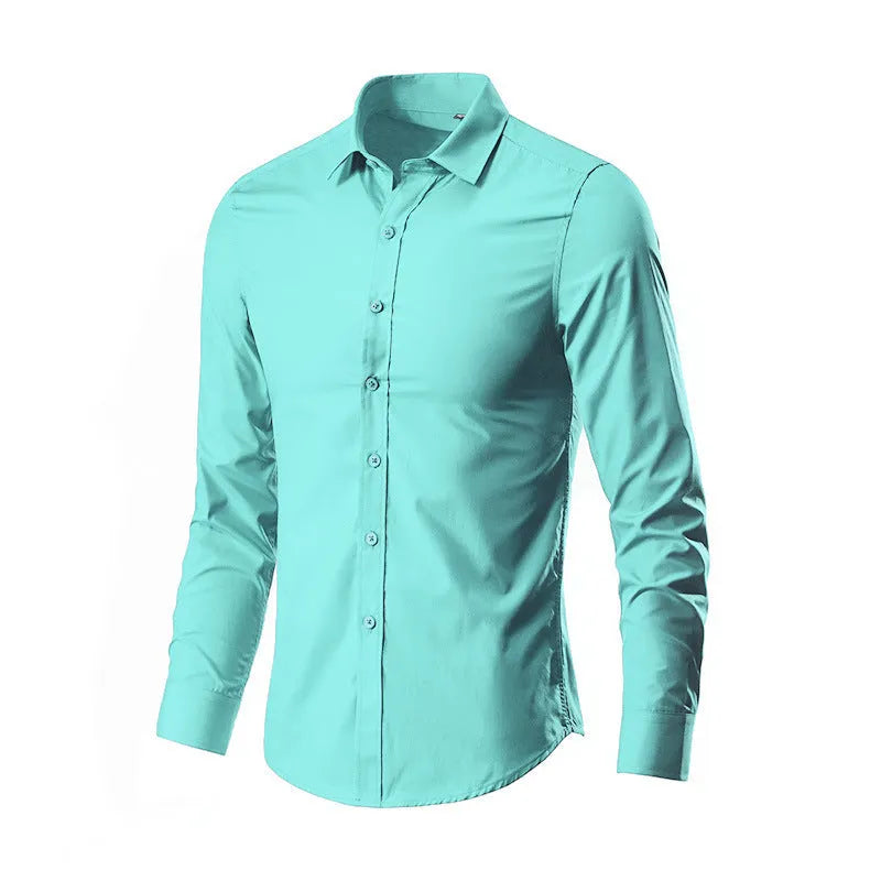 Man wearing a linen long sleeve slim fit shirt in a choice of 18 colours, showing the relaxed fit and sleeve detail.