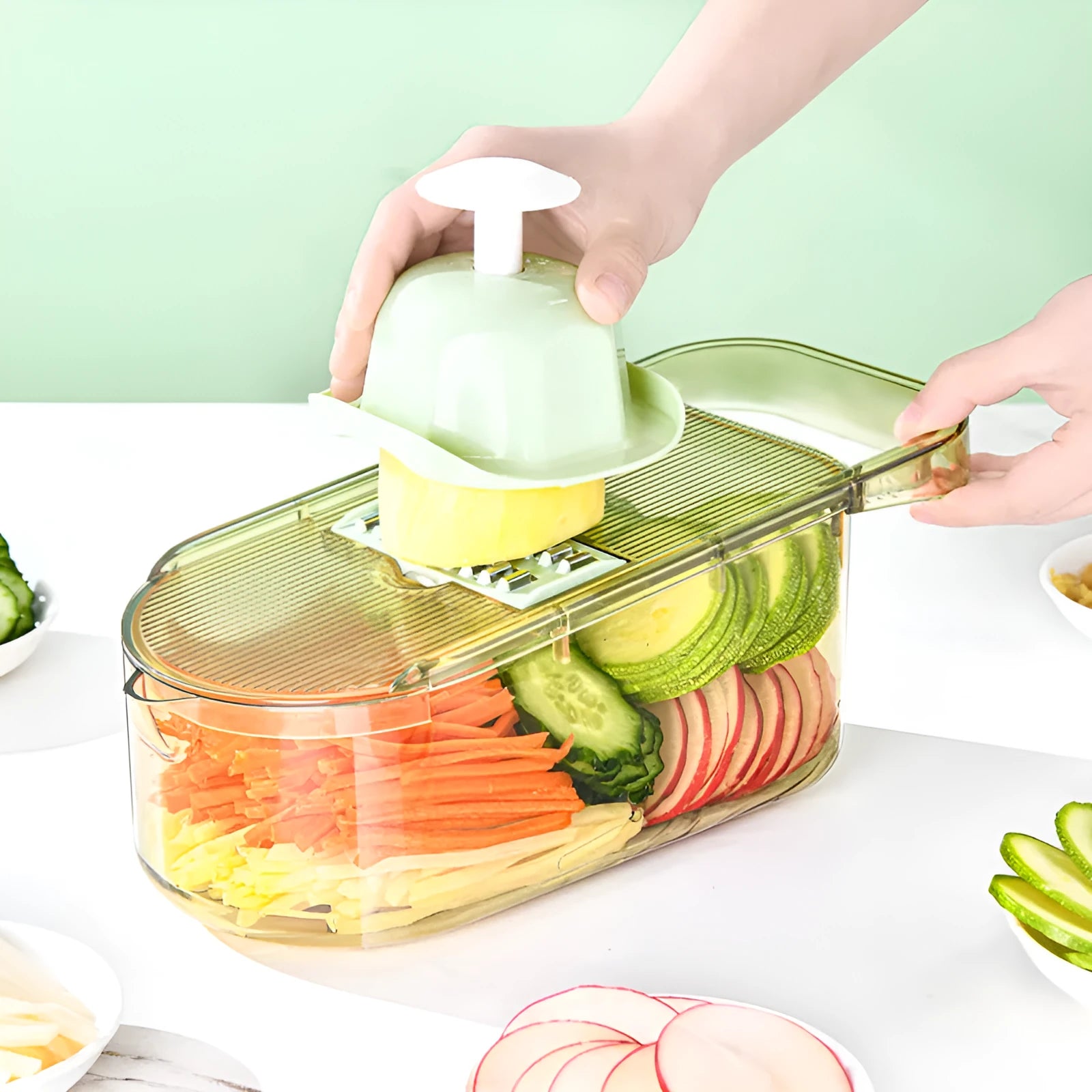 Transparent green multifunction vegetable cutter with stainless steel blade and 1.5-litre bowl