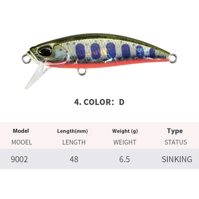Japanese submerged mino fishing lure 48mm length for mandarin fish and snakehead in multiple colour options
