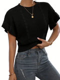 Twisted string pattern knitted pullover with ruffled short sleeves and round neck in loose fit