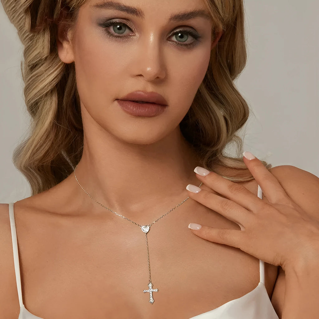 Silver love cross pendant necklace on O-ring chain for women, colour BSN384.