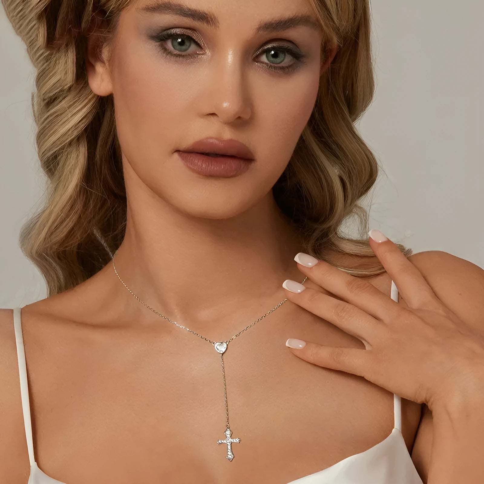 Silver love cross pendant necklace on O-ring chain for women, colour BSN384.