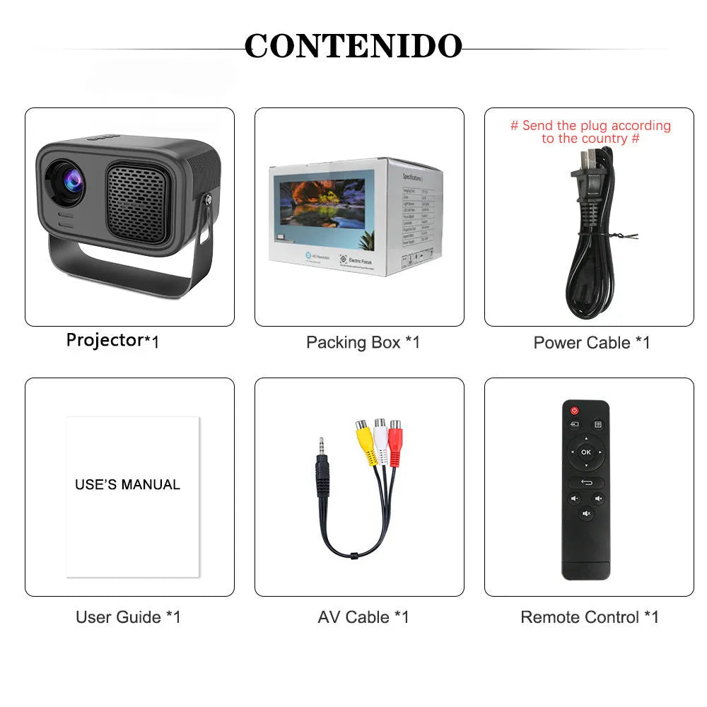 Black portable HD projector with remote control on desk