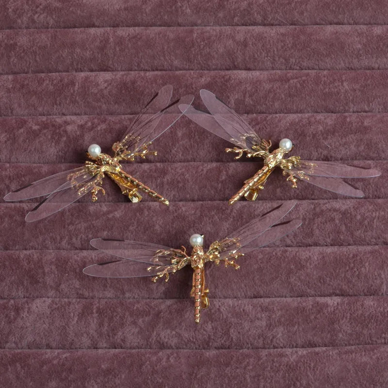 Golden dragonfly side clip headdress for women with alloy metal construction
