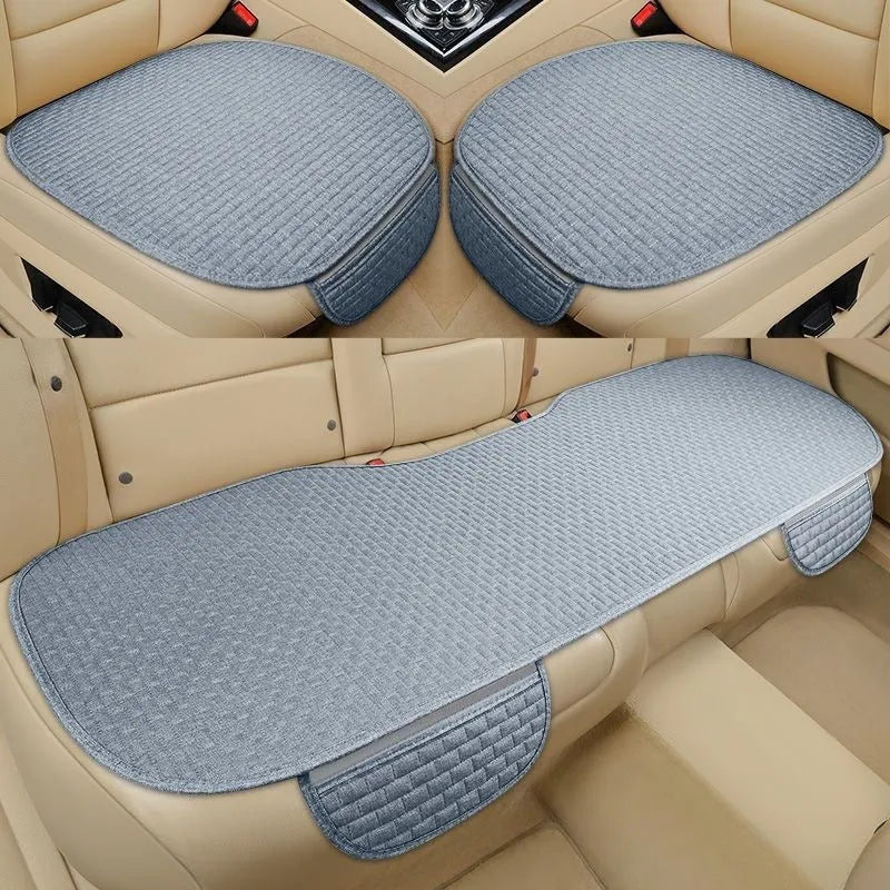 Linen car seat cushion in charm coffee colour showing hemmed edge detail