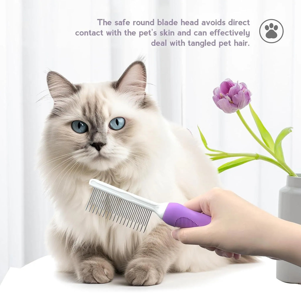 Purple pet grooming comb with stainless steel long and short teeth on a purple ergonomic handle.