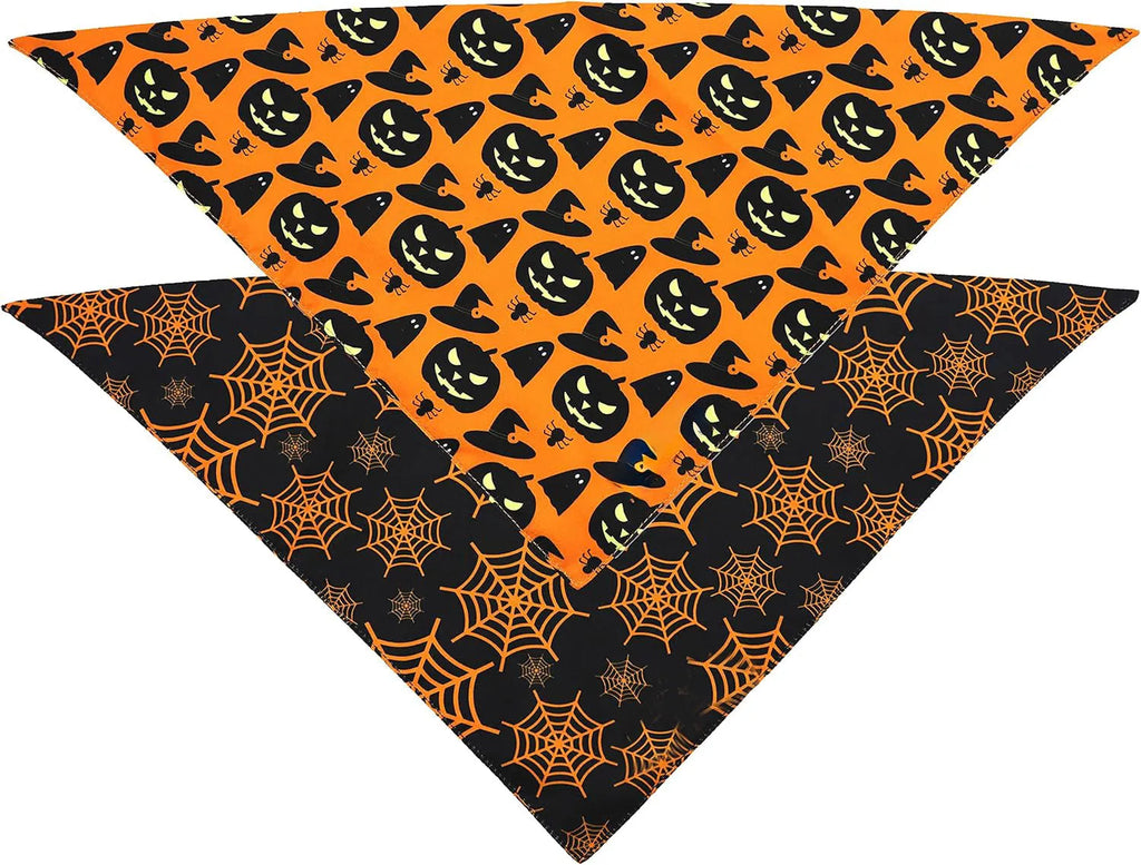 Reversible Halloween dog bandana showing pumpkin and spider web patterns in black and orange colours