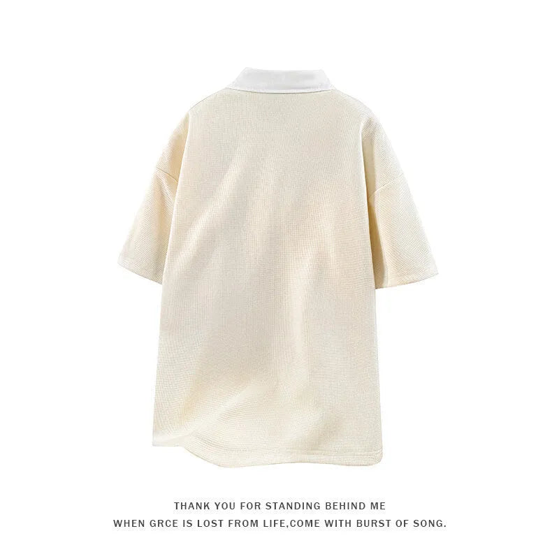 Men's heavy Henry collar polo shirt sweater in black and apricot colours with short sleeves