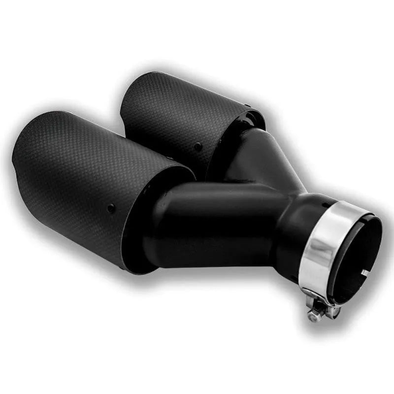 Black carbon fibre car exhaust silencer with double outlet tail nozzle, 250mm length