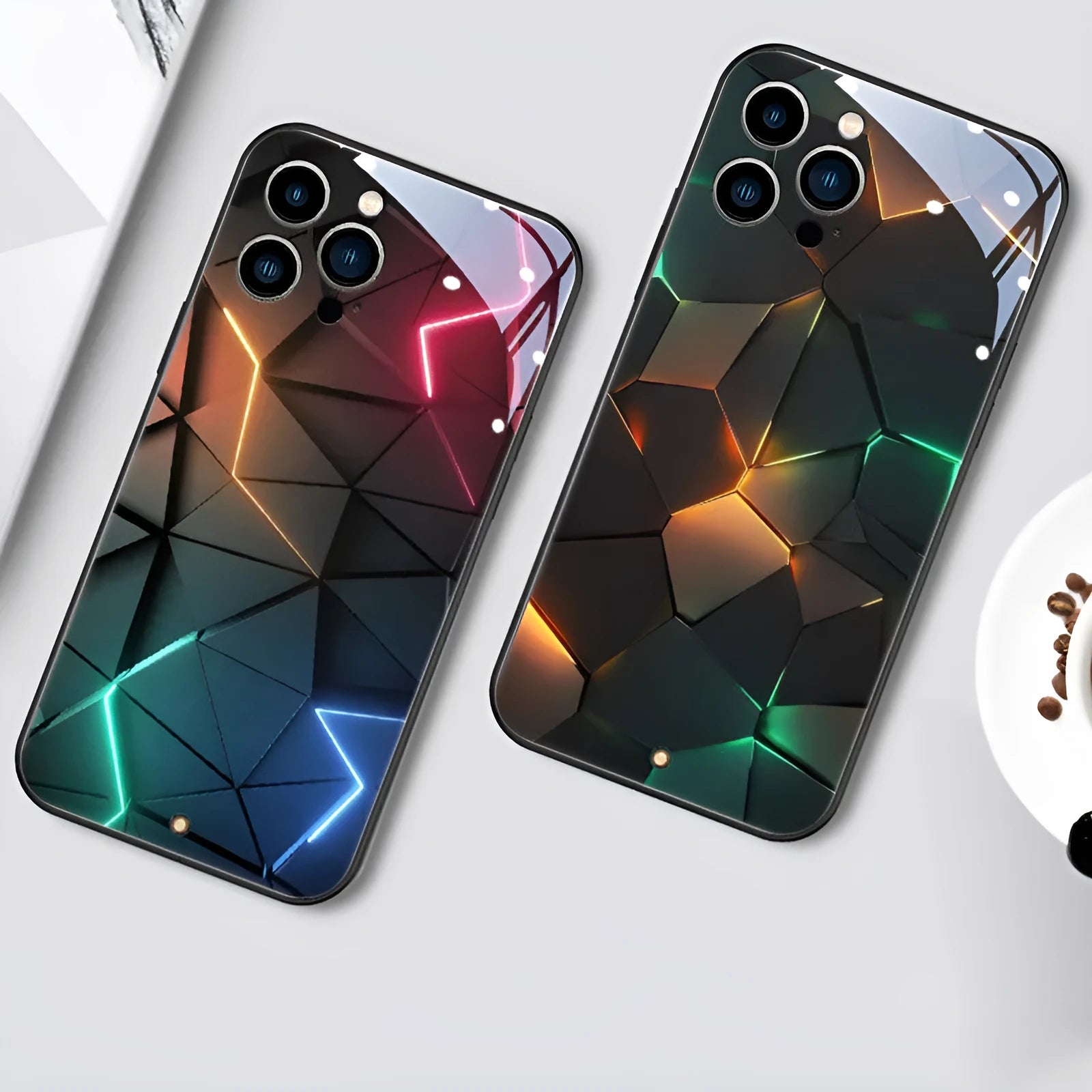 Xpress 14 tempered glass iPhone case with illuminated notification light on a phone.