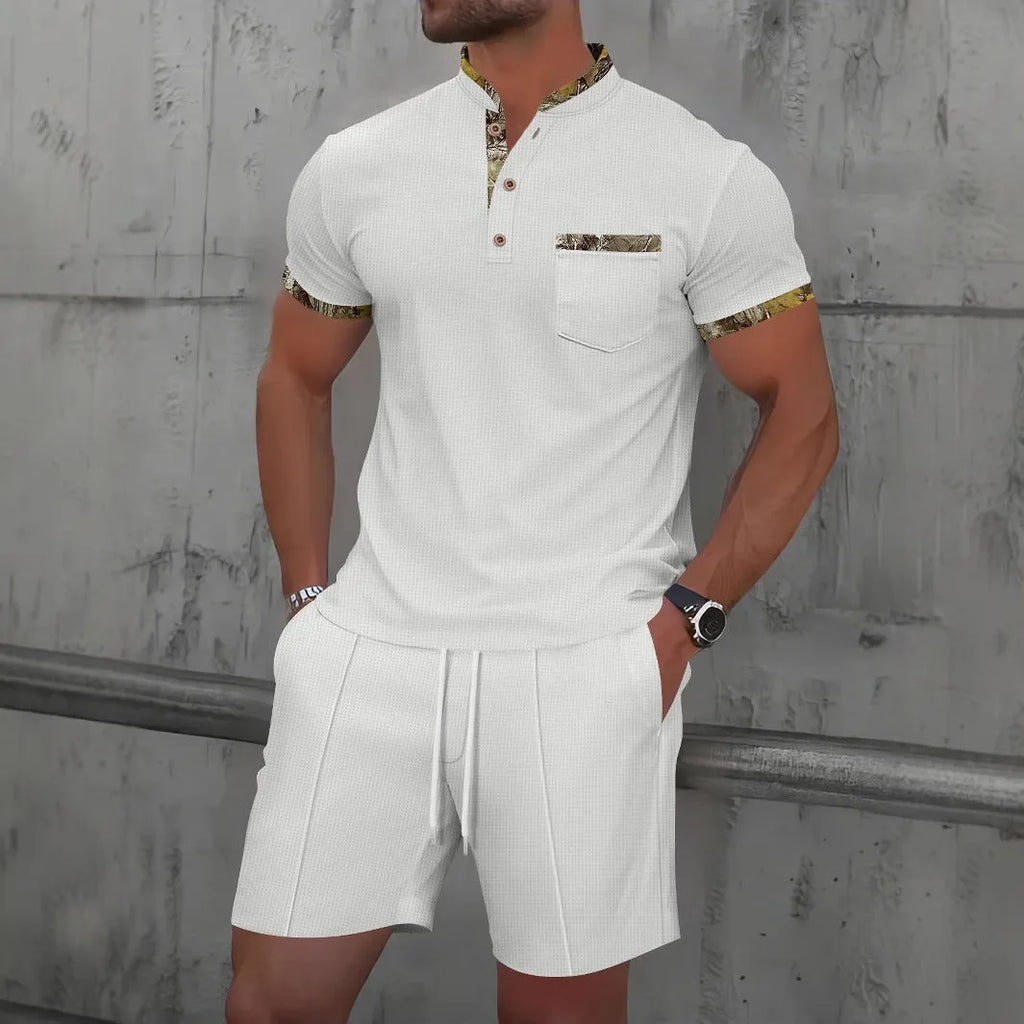 Men's waffle textured polo collar short sleeve suit set in cotton blend fabric with matching top and shorts
