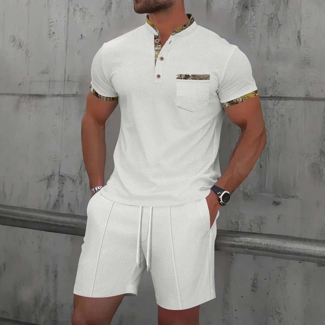 Men's waffle textured polo collar short sleeve suit set in cotton blend fabric with matching top and shorts