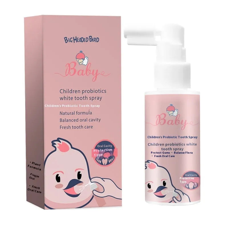 Children's probiotic white teeth cleaning spray in strawberry and orange flavours, 40ml bottle
