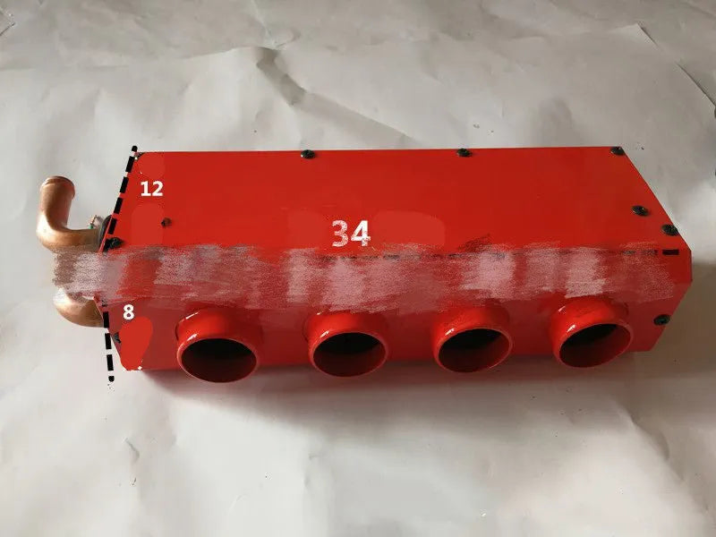 Metal car heater unit with copper pipe connections for 12V and 24V vehicle installation.