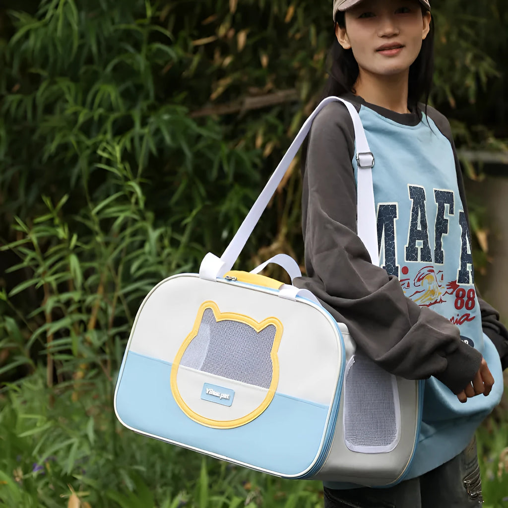 Outdoor portable foldable cat backpack pet carrier in Oxford cloth with contrast colour pattern