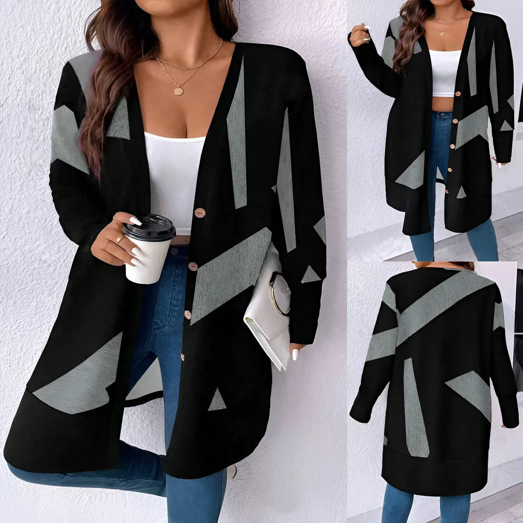 Black plus size loose knit cardigan coat with button front and stitching details