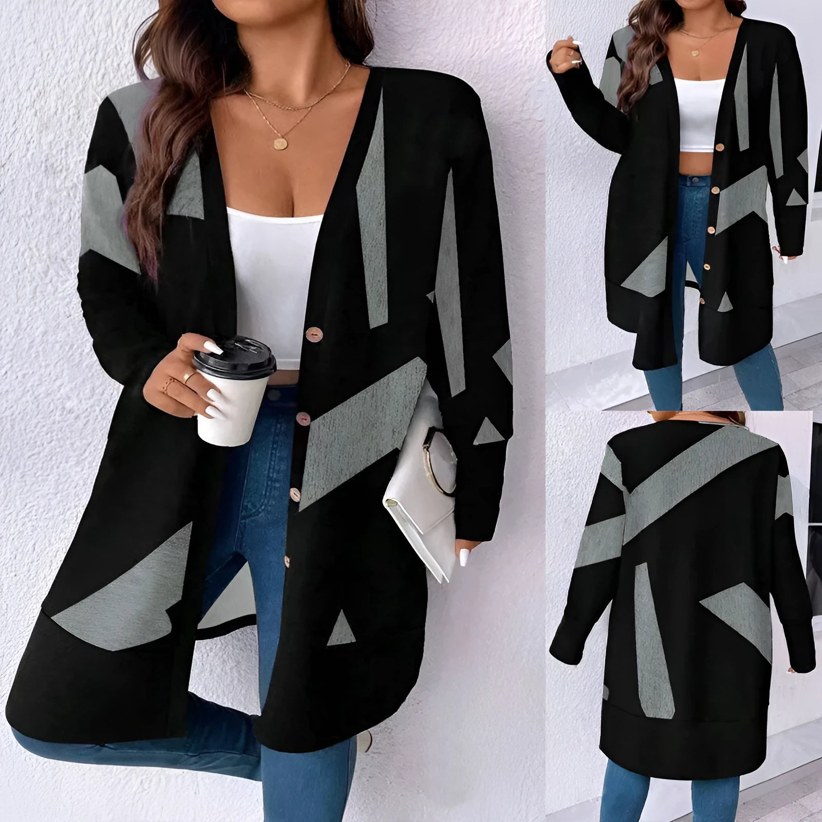 Black plus size loose knit cardigan coat with button front and stitching details