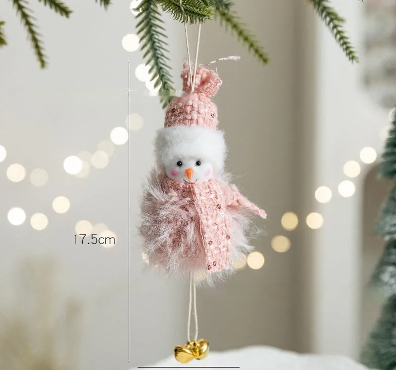 Pink plush snowman Christmas tree hanging decoration with stitched face