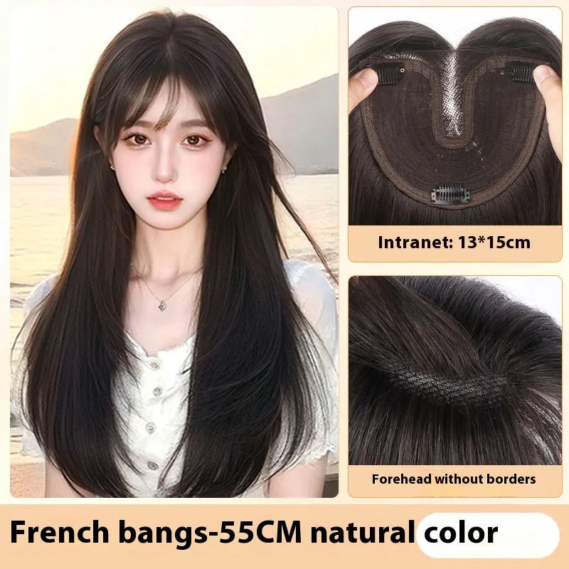 Hairfree Mesh Wig Female Traceless Ventilation Wig High Temperature Fiber Non-Hot Dye Half-Handmade Weaving Medium Curly or Straight Hair 60cm Length Natural Color or Caramel Mocha for Any Skin Colour