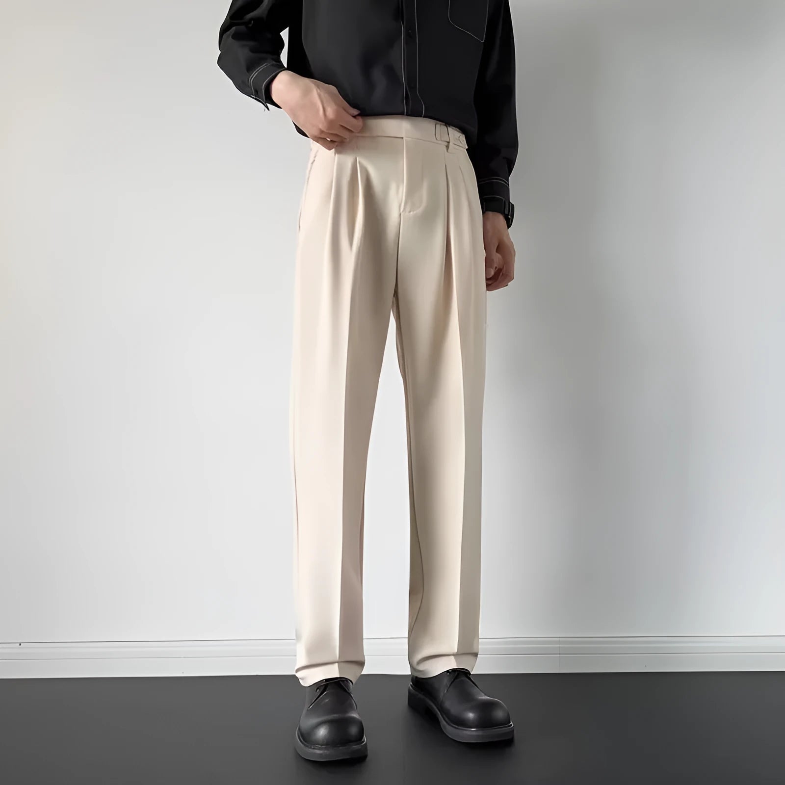 Men's straight loose fit suit trousers in apricot and black colours with polyester fabric
