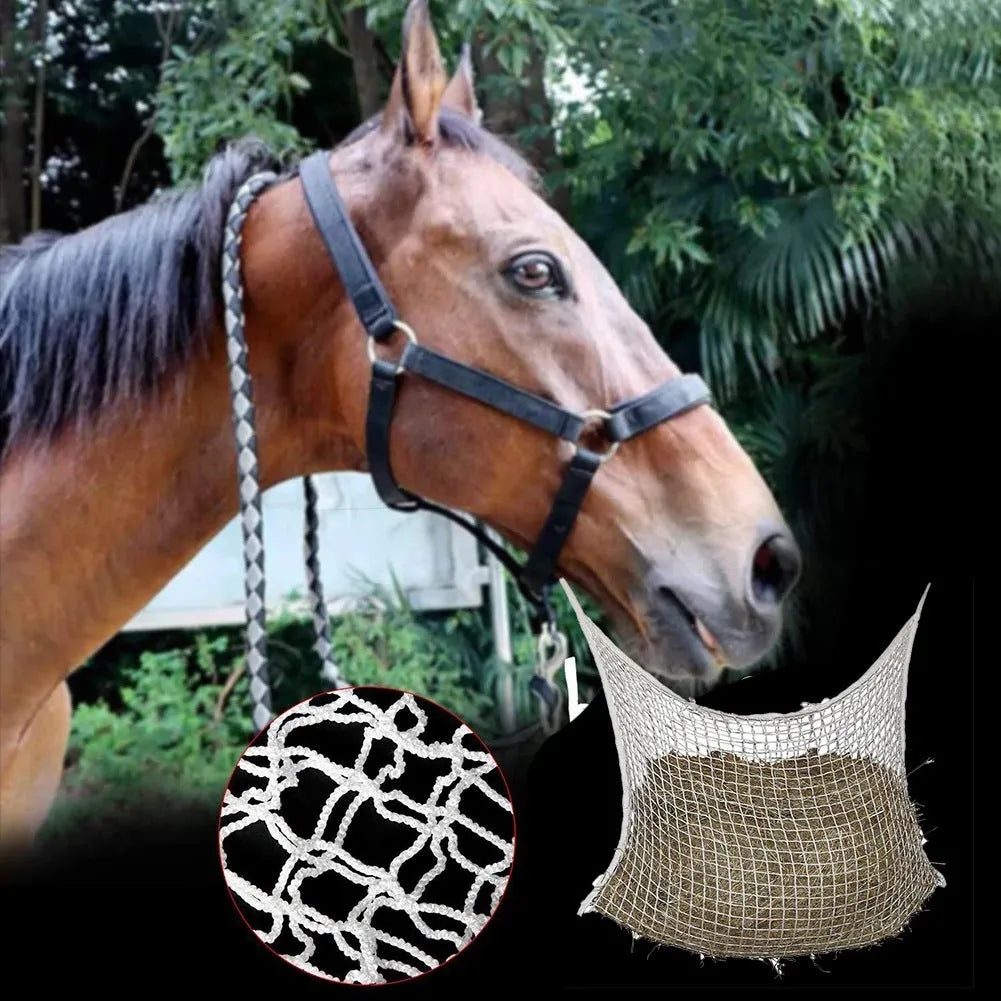 Black woven grid hanging feeding bag for horses and cattle, showing size and rope construction.
