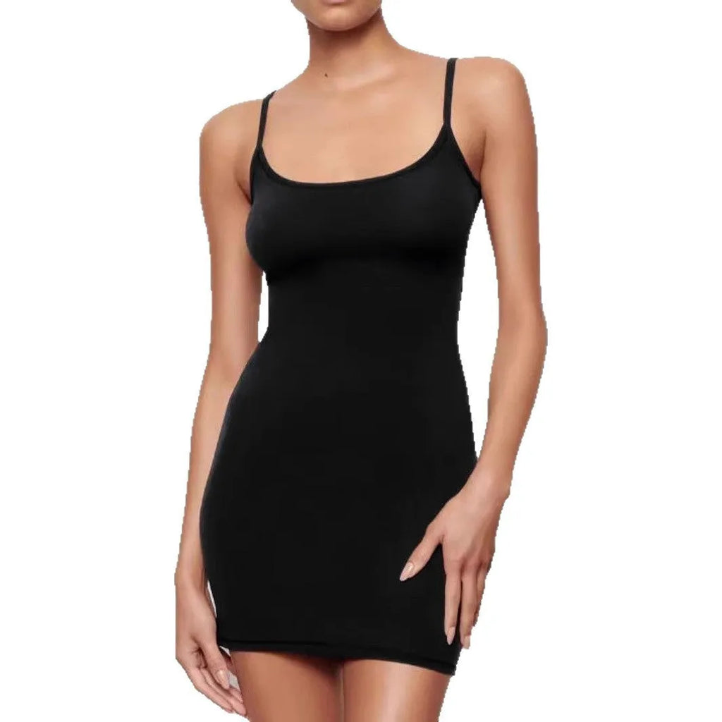 Black sling style sheath dress with sleeveless design and short skirt length