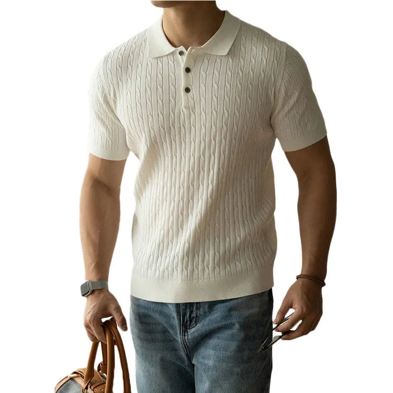 Men's khaki short sleeve business top on a hanger, showing the fabric texture and fit.