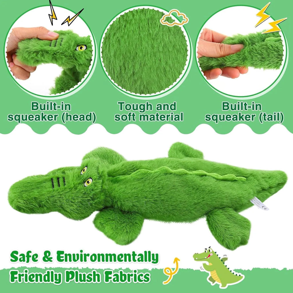Green crocodile-shaped no-stuffing squeaky dog toy with crinkle paper tail