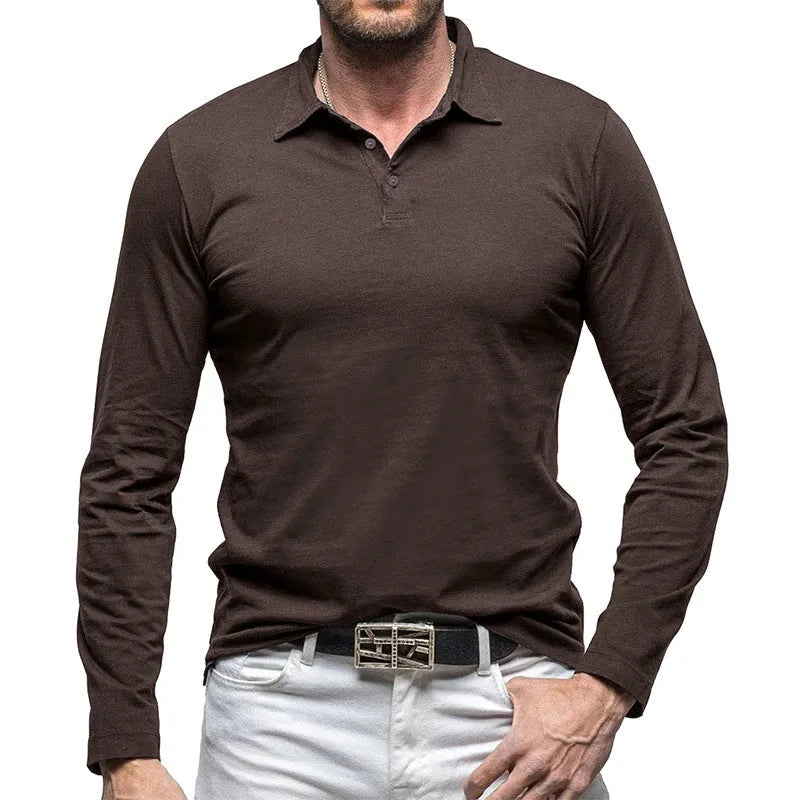 Men's polo collar long sleeve cotton T-shirt in American retro style, shown in dark grey.