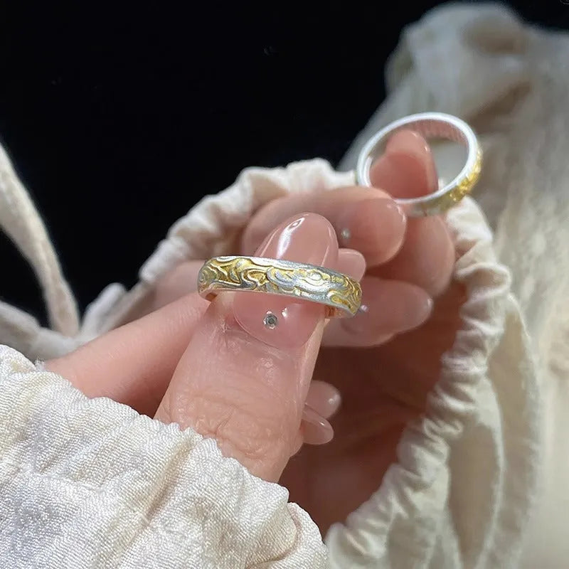 White copper open mouth ring with J14 Xiangyun geometric pattern, fairy style.