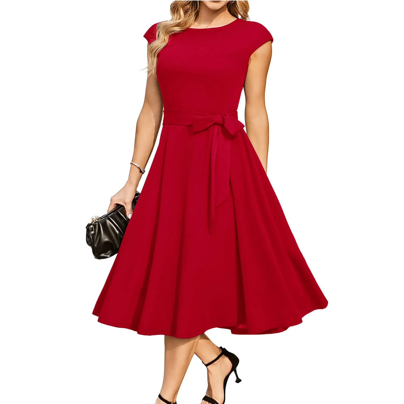Women's sleeveless lace-up waist party dress with oversized swing mid-length skirt