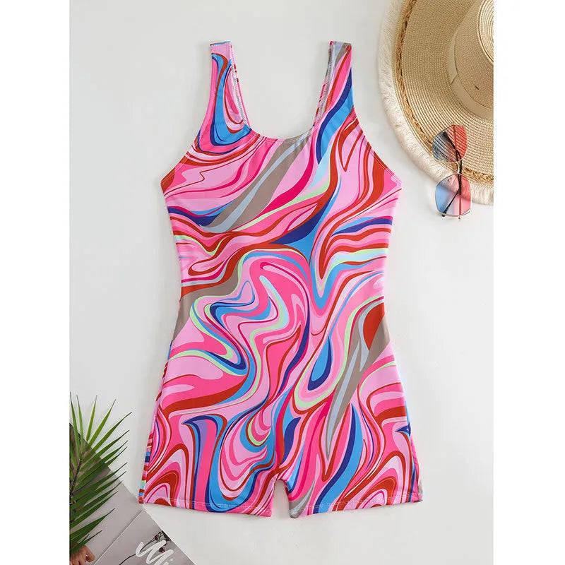 Women's printed high-waist backless one-piece swimsuit for swimming on a mannequin.
